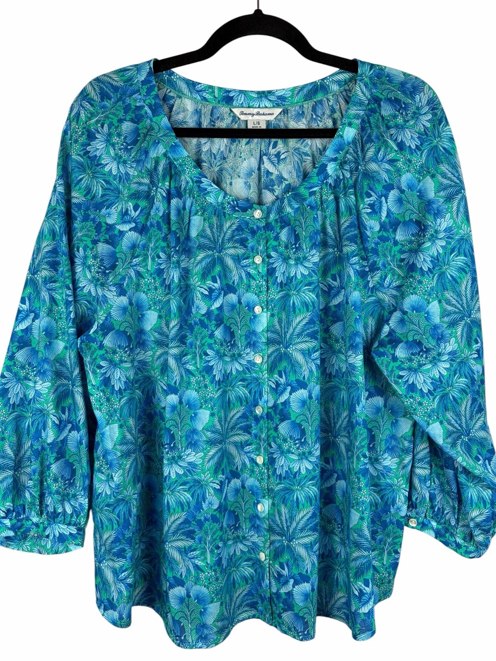 Tommy Bahama Tropical Floral Button Front Blouse Large Blue Cotton TENCEL